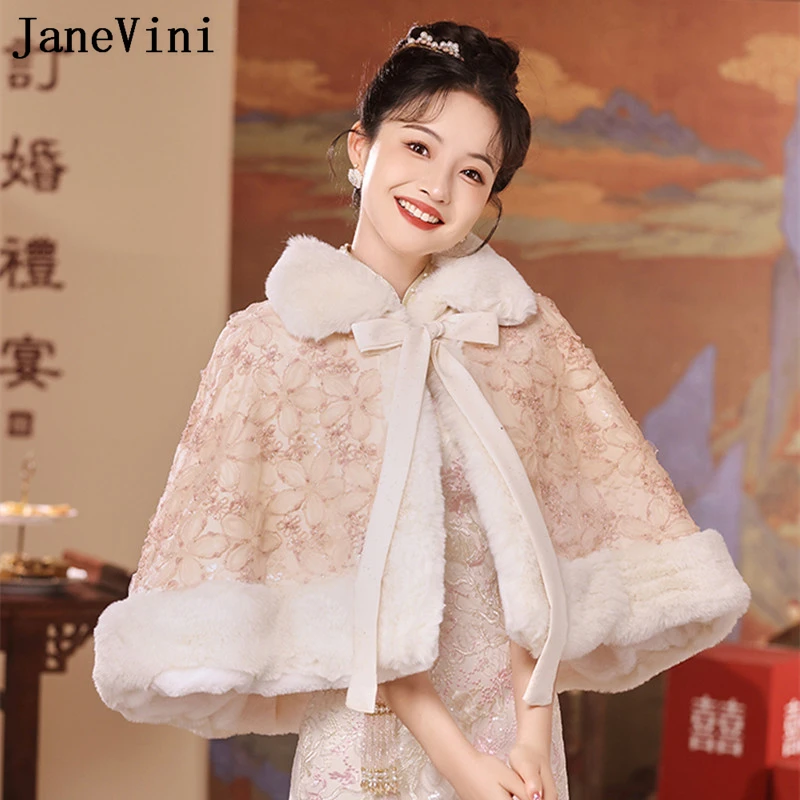 

JaneVini Luxury Light Pink Bolero Sequins Floral Fur Wrap Wedding Cape for Bride Faux Fur Bridal Bolero Women Party Dress Jacket