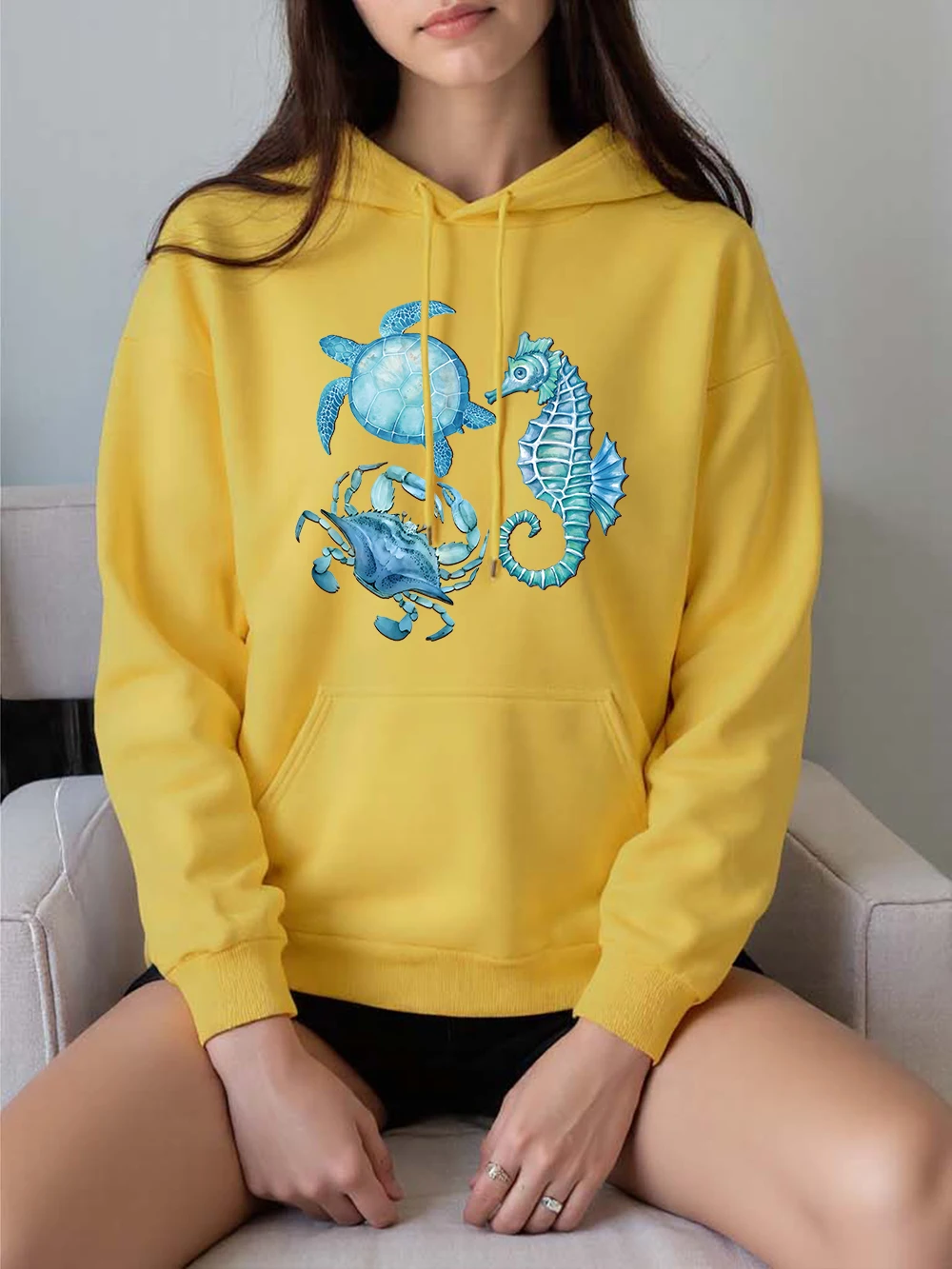 

Толстовки с принтом морской черепахи и морского конька, женские удобные свободные толстовки, зимние флисовые теплые пуловеры, базовая женская одежда с карманами