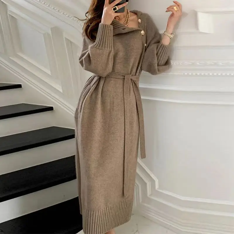 Autumn and winter pullover new style French temperament paired sweater inside long over the knee bottom knit dress women