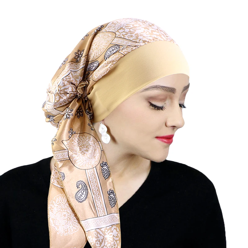 Printed Pre-tie Headscarf Women Elastic Muslim Female Turban Cancer Chemo Hat Hair Loss Cover Head Wrap Headwear Stretch Bandana