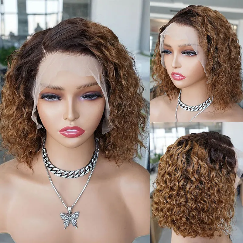 Tturquoise-Perruque Bob courte bouclée brune ombrée, dentelle 13x4, Frmetals, perruque de cheveux humains, vague profonde, pré-plumée, cheveux brésiliens Remy