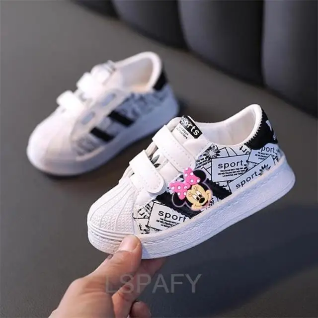 Children\'s White Sneakers Mickey Mouse Toddlers Girls Boys Breathable Lace-up Casual Sport Shoes Kids Tennis 2-6Y Toddler Shoes