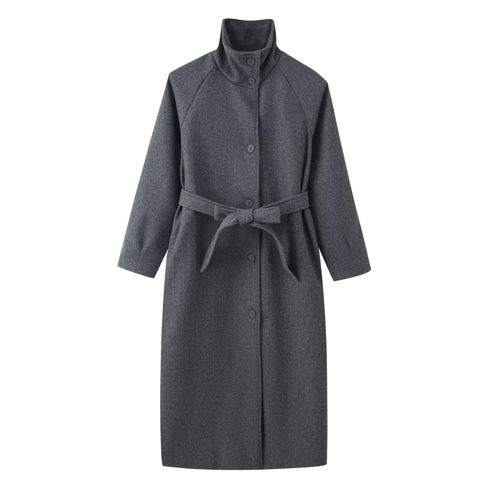 Zimowy, nowy, damski płaszcz wełniany do pracy, zapinany na jeden guzik, ze stójką, długi, z wiązaniem i paskiem, o średniej długości.