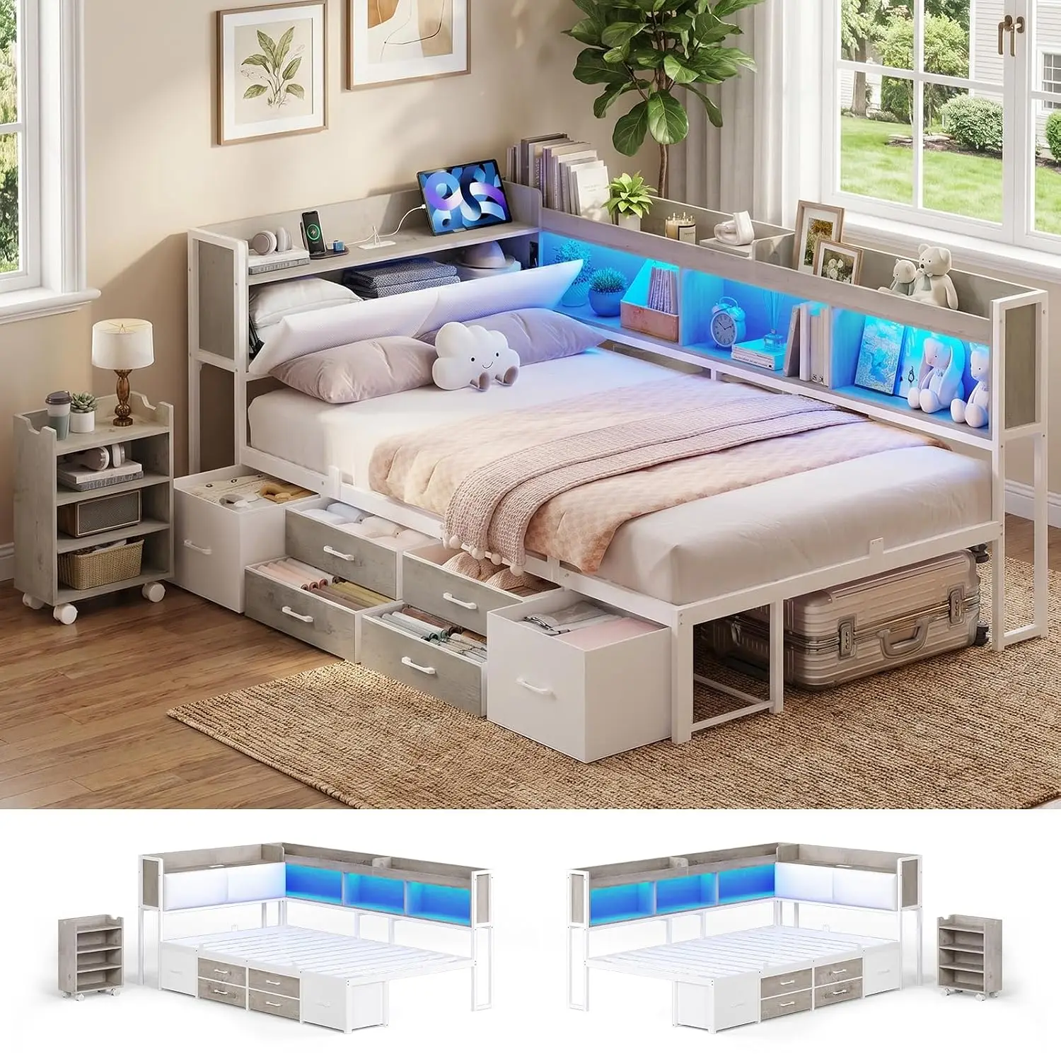 Twin Corner Bed Frame with Bookcase and Hidden Storage & Pull-Out Cabinet-14 Inch Metal Platform Twin Size Daybed, Customized