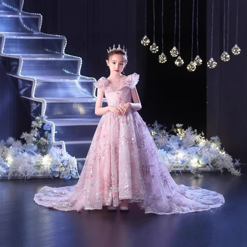 Pink Elegant Girls Princess Gown with Train Eid Kids Girl Host Formal Party Celebration Dresses Clothing Evening Dress Little