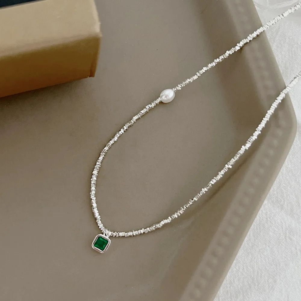 Versatile S925 Sterling Silver Necklace with High Quality Zircon Hand Inlaid Vintage Grandmother Green Style Collar Chain