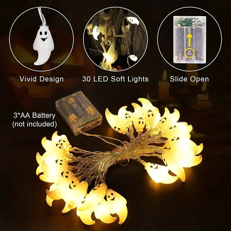1PC Halloween LED String Light Battery Powered Decoration Ghost Lamp Indoor Outdoor Atmosphere Lighting For Party Festival Decor