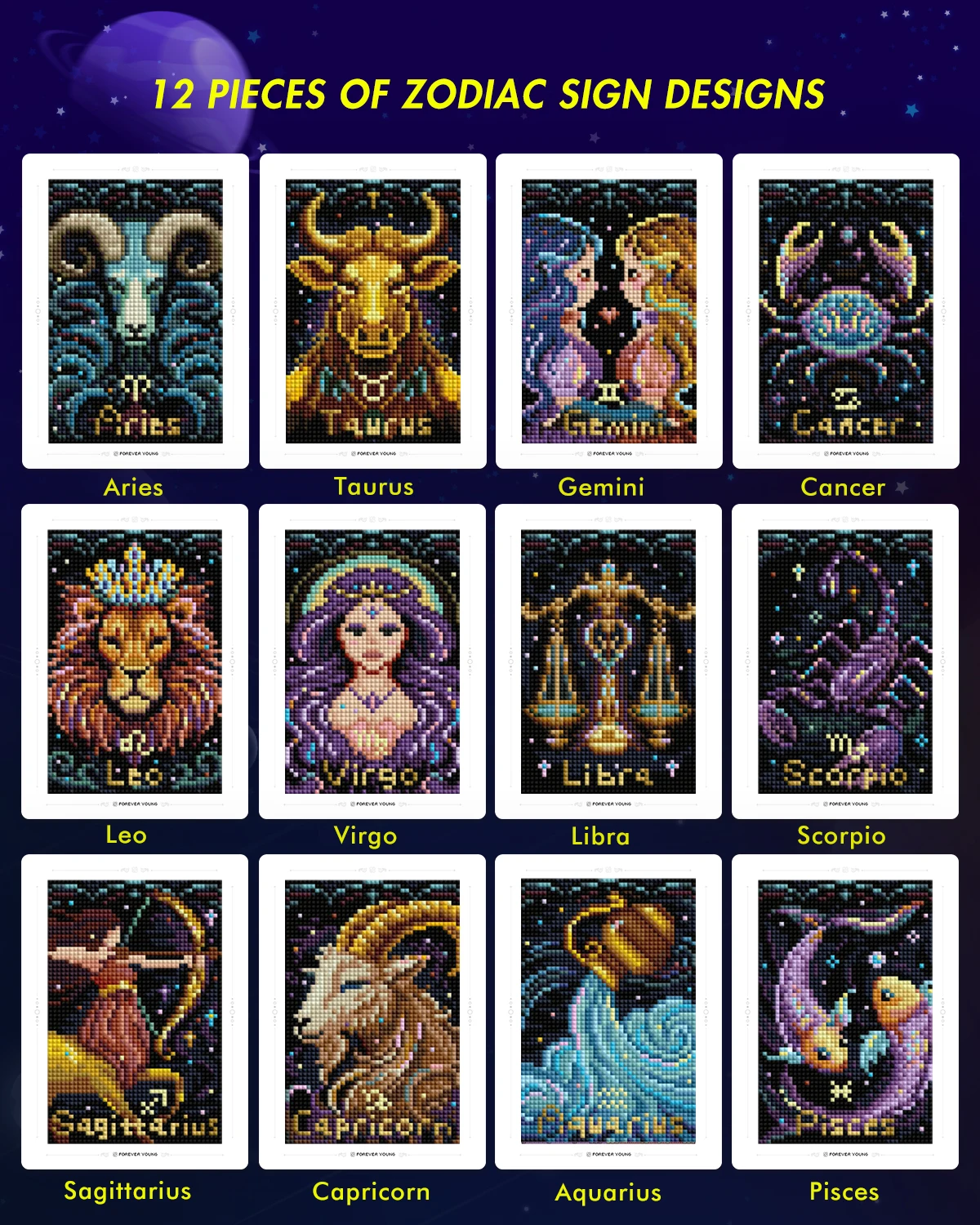 Foreveryoung 12 Zodiac Mini Diamond Painting Cards, 4×6 in Each, Triple Diamonds, Constellation Postcard DIY Craft Kit