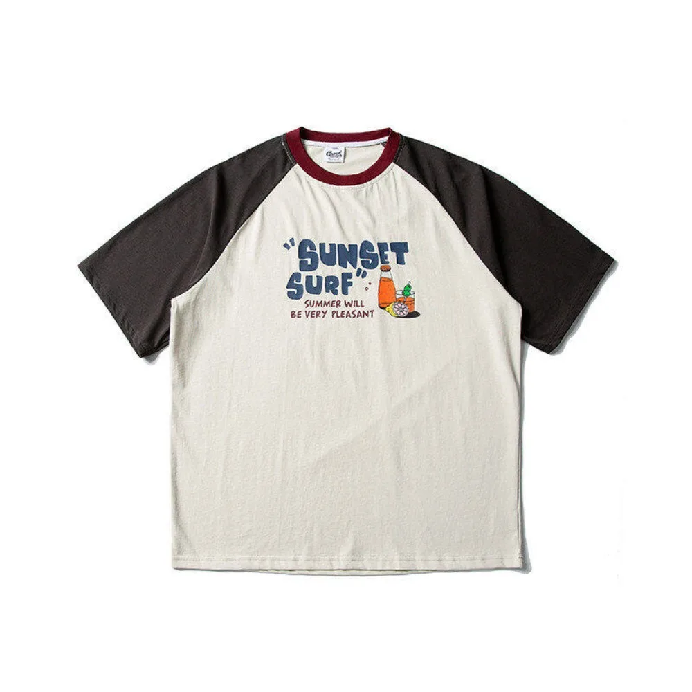 Summer New Color Blocked Shoulder Sleeve T-shirt Retro Loose Casual Couple Short Sleeve Round Neck