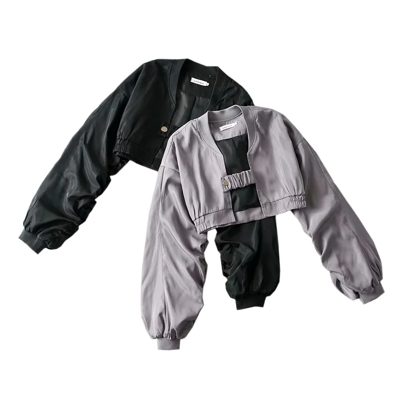 Gray wrinkled long-sleeved short jacket, loose and thin in autumn, functional wind stand-up collar short baseball uniform