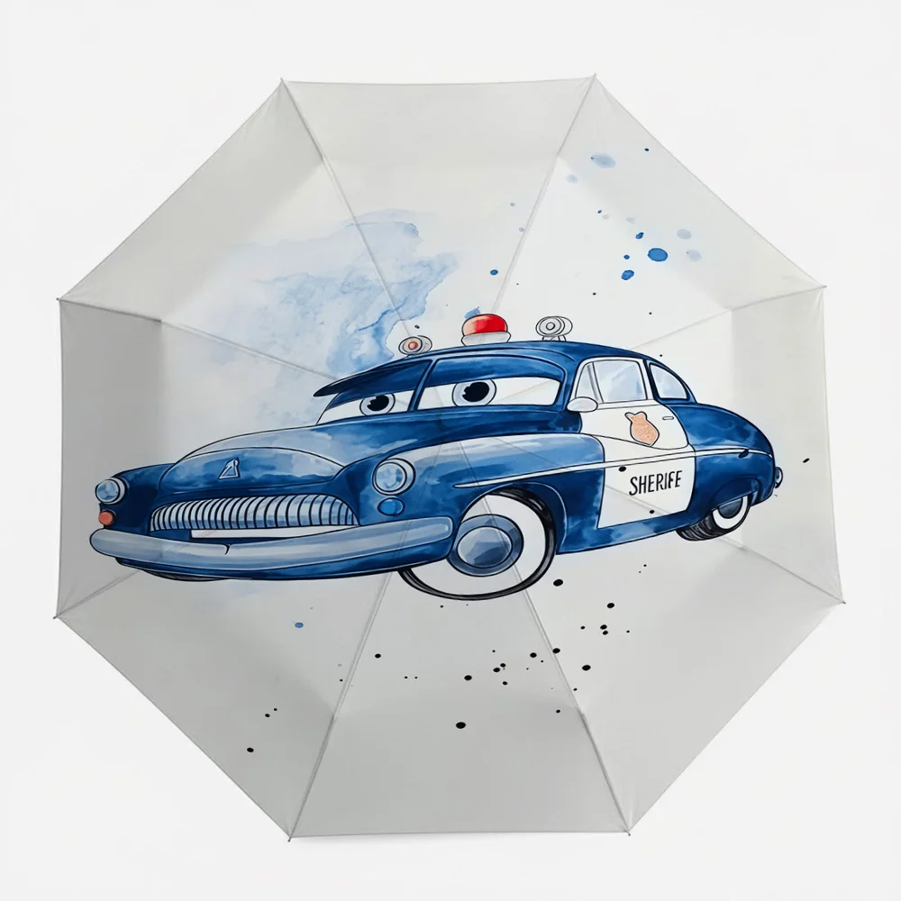 

Disney Cars Sheriff Police Car Watercolor Print Automatic Folding Umbrella, Portable Waterproof Windproof Travel Umbrella for Ki