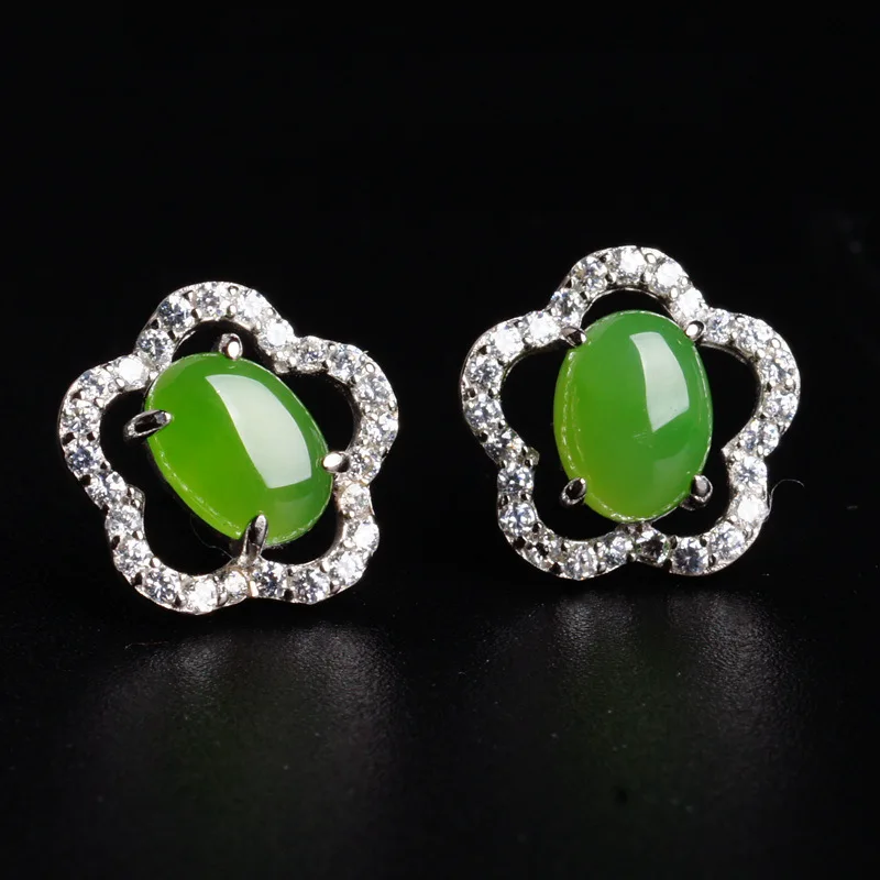 

925 Sterling Silver Inlaid Hetian Jade Earrings for Women with Certificate New Chinese Style National Trend Ancient Style Plum B
