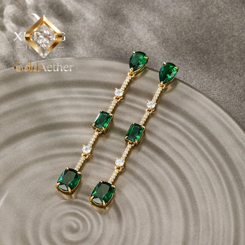 GoldNouveau Luxury 24K 9999 Pure Gold real gold Women's Emerald Light Luxury High-grade Tassel Earrings
