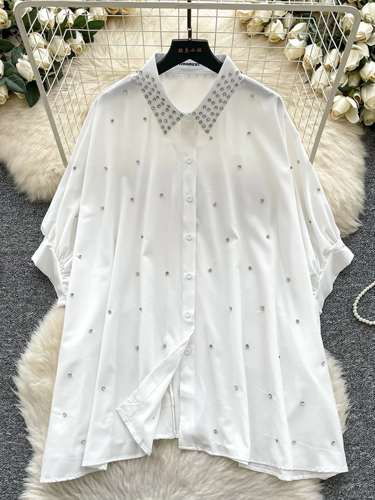 

Летняя женская однобортная рубашка-поло с ромбовидными шипами и рукавами «летучая мышь», топ, новая мода, свободная повседневная блузка, топы C323