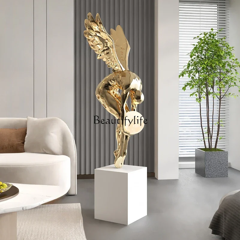 Modern light luxury art figures floor-to-ceiling ornaments living room entrance abstract handicrafts angel sculpture can shine