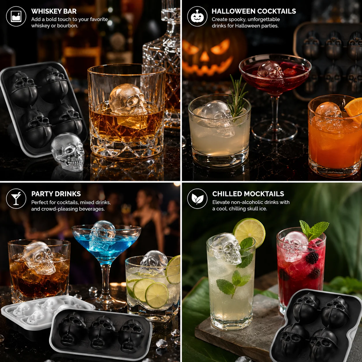 4/6 Cavity Large Skull Ice Cube Maker Silicone Whiskey Ice Tray Slow Melting Ice Cube Mold For Halloween Bar Drinks Accessories - view 6
