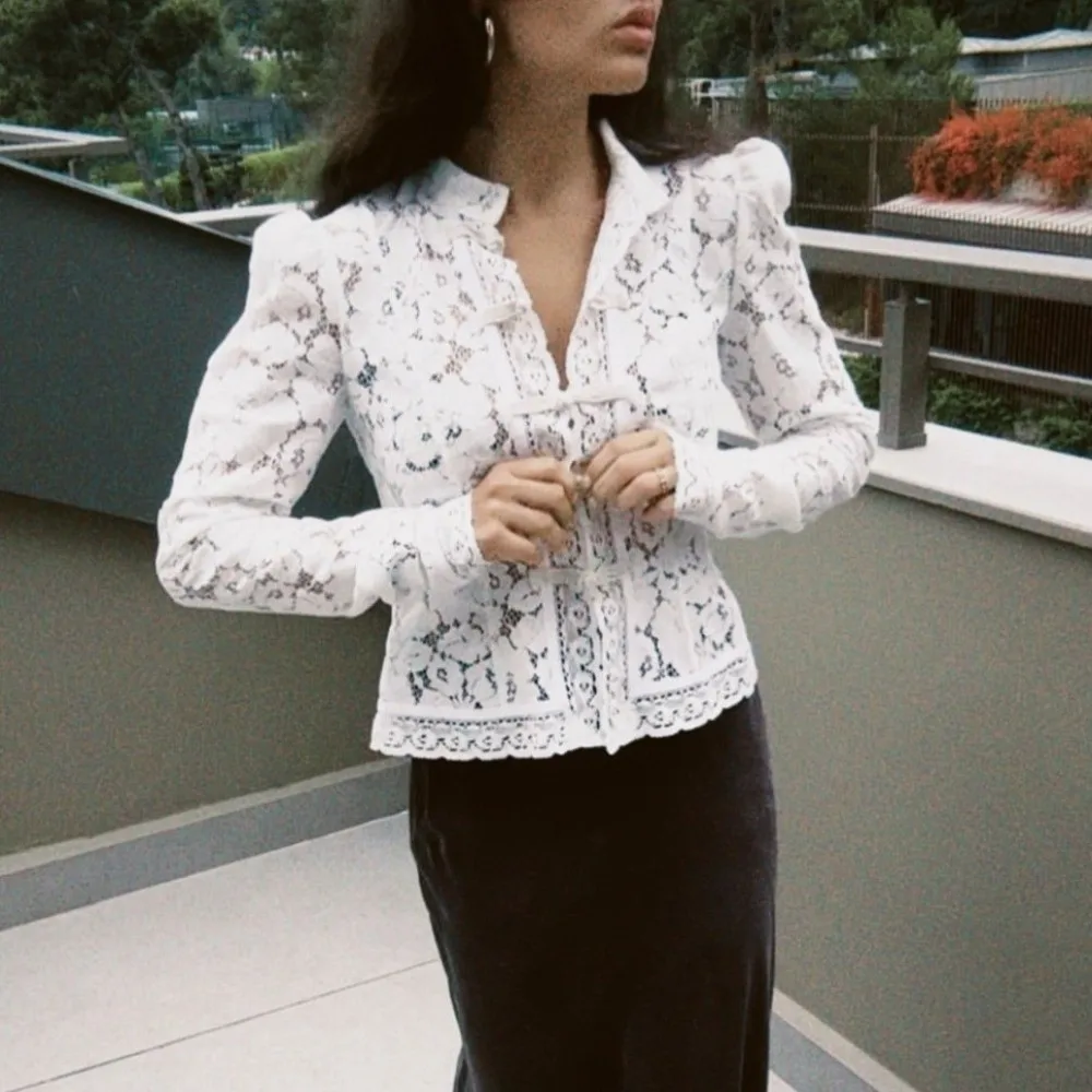 

Solid Color Embroidery Blouse Full Sleeve See-through Patchwork Blouse Slim Fit Single Breasted Chinese Style Top