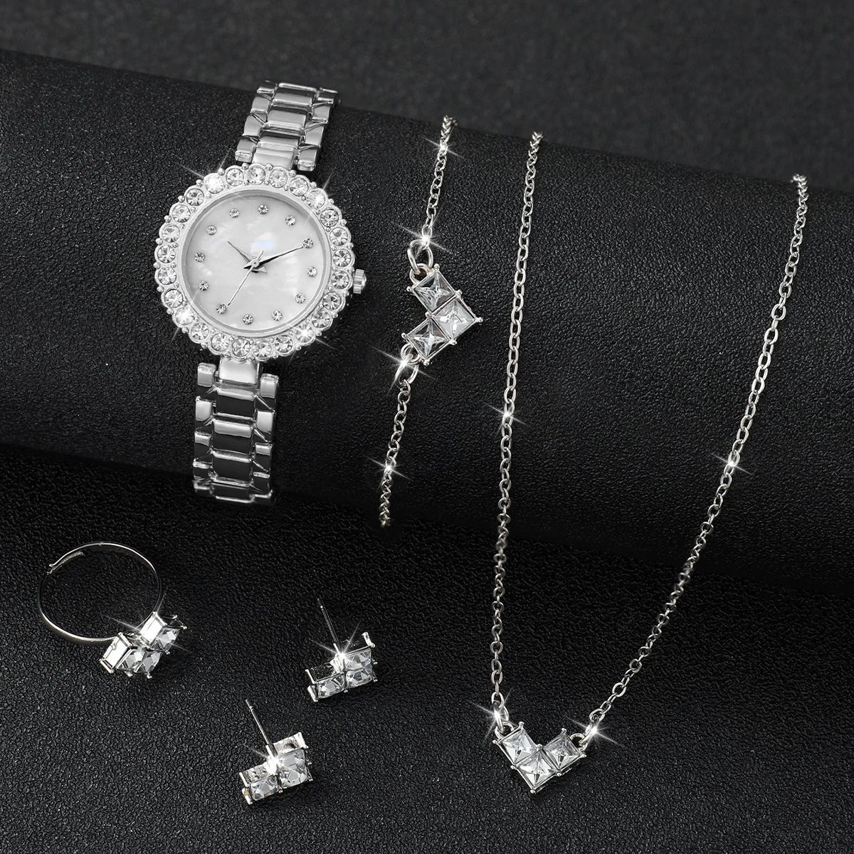 6PCS/Set Women Watch Fashion Rhinestone Dial Ladies Quartz Watches Silver Band Wristwatch Clock Jewelry Set（Without Box）