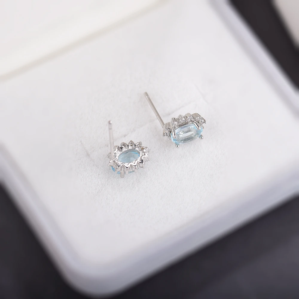 ITSMOS Natural 1.4ct Ocean Blue Topaz Oval Pave CZ Earrings Sterling Silver Gemstone Studs Earring Lover Jewerly for Women Gift