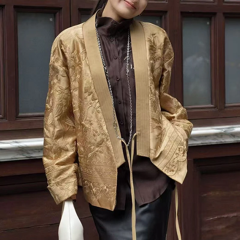 

Autumn Winter New High Quality Chinese style V-neck Lace Up Exquisite Embroidery Loose Cotton Jacket for Women S-XL