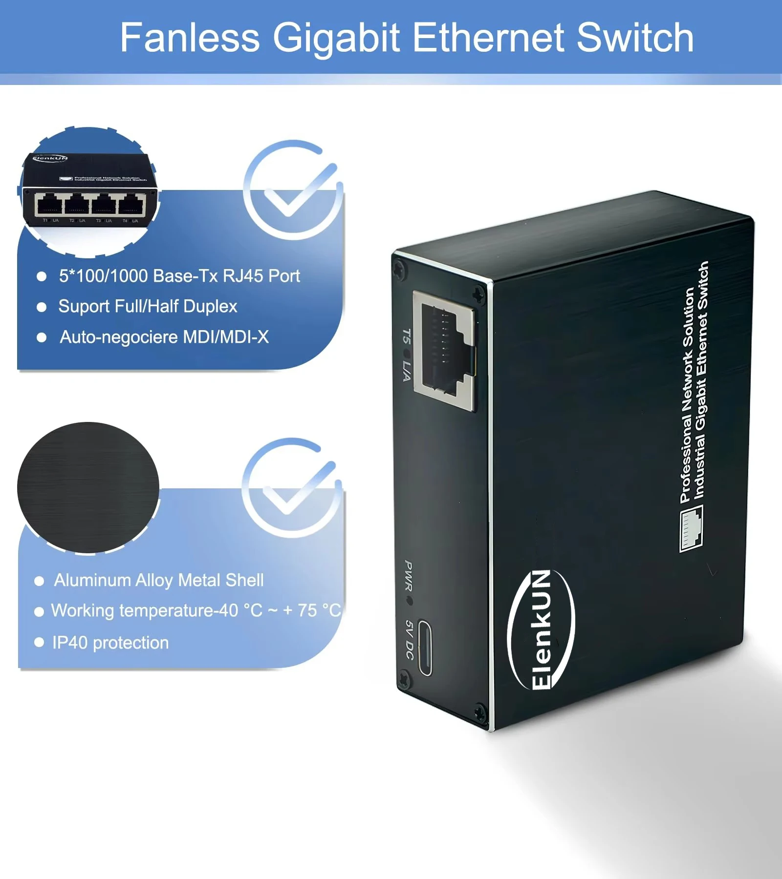 Mini Switch Ethernet para Desktop Design, 5-Port Gigabit, Switch Industrial, 10 Mbps, 100 Mbps, 1000 Mbps, Plug and Play, Hub de Rede