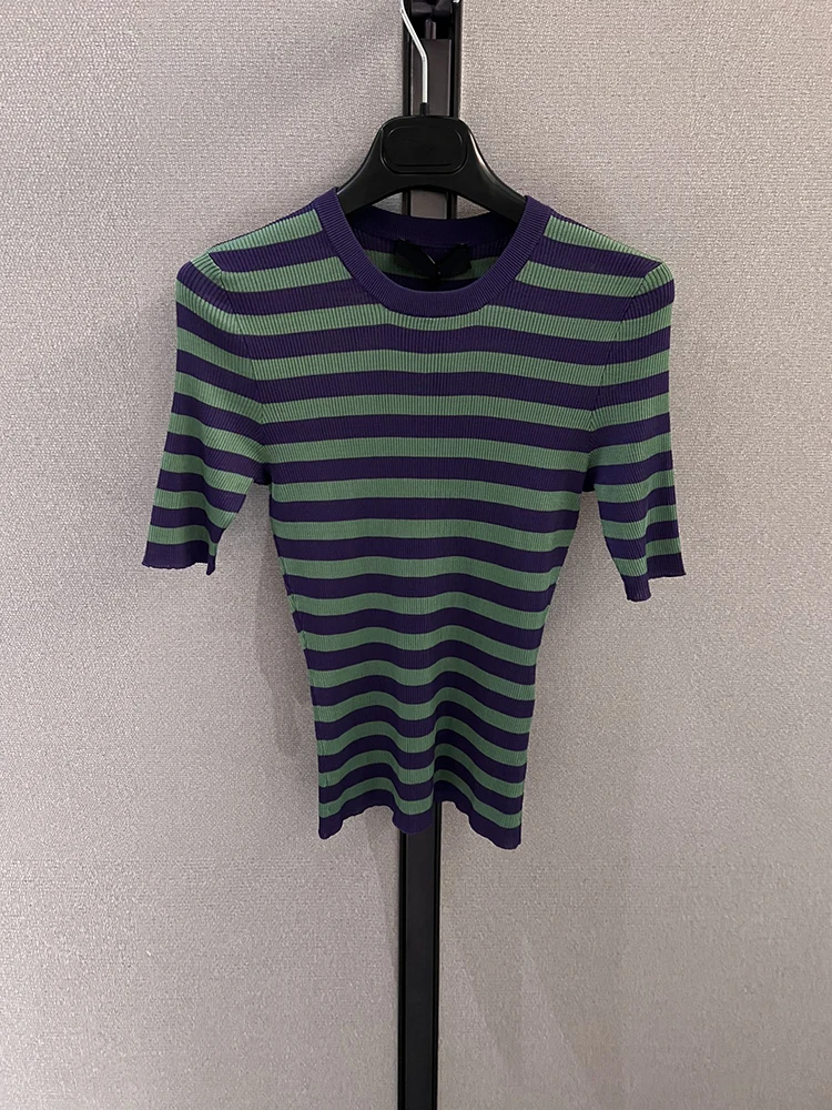 

Spenneooy Runway Designer Spring Fashion Vintage Streaks Knitting Pullovers Women's Daily Casual O-Neck Short Sleeve Sweaters