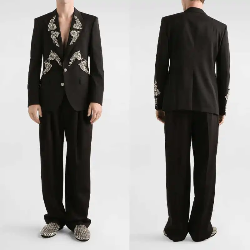 

Temperament Beading Men Suits 2 Pieces Jacket Pants Peaked Lapel Single Breasted Formal Occasion Wedding Banquet Customized