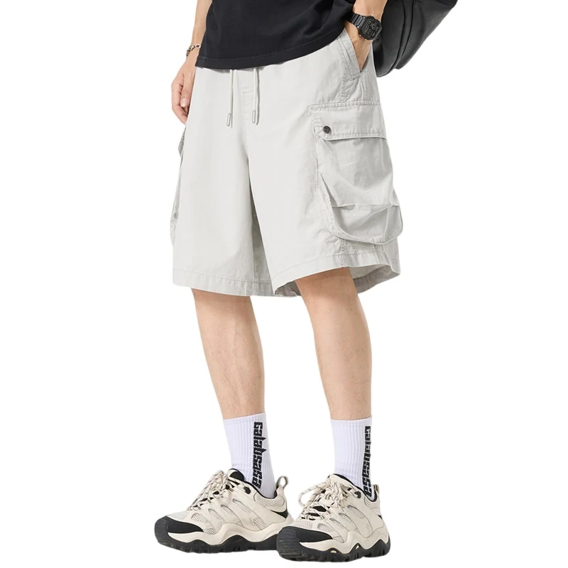 Men's Cargo Shorts New Summer Fashion Solid color Breathable 100% Cotton Washed Multi-pocket 5-point-pants Utility Streetwear
