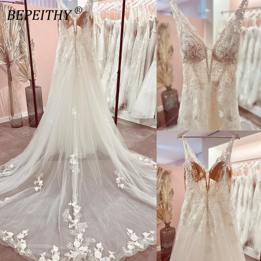 BEPEITHYCustomized Lace Wedding Dresses For Bride Women 2023 Sexy Backless V Neck Beading Court Train Ivory Bridal Boho Gown New