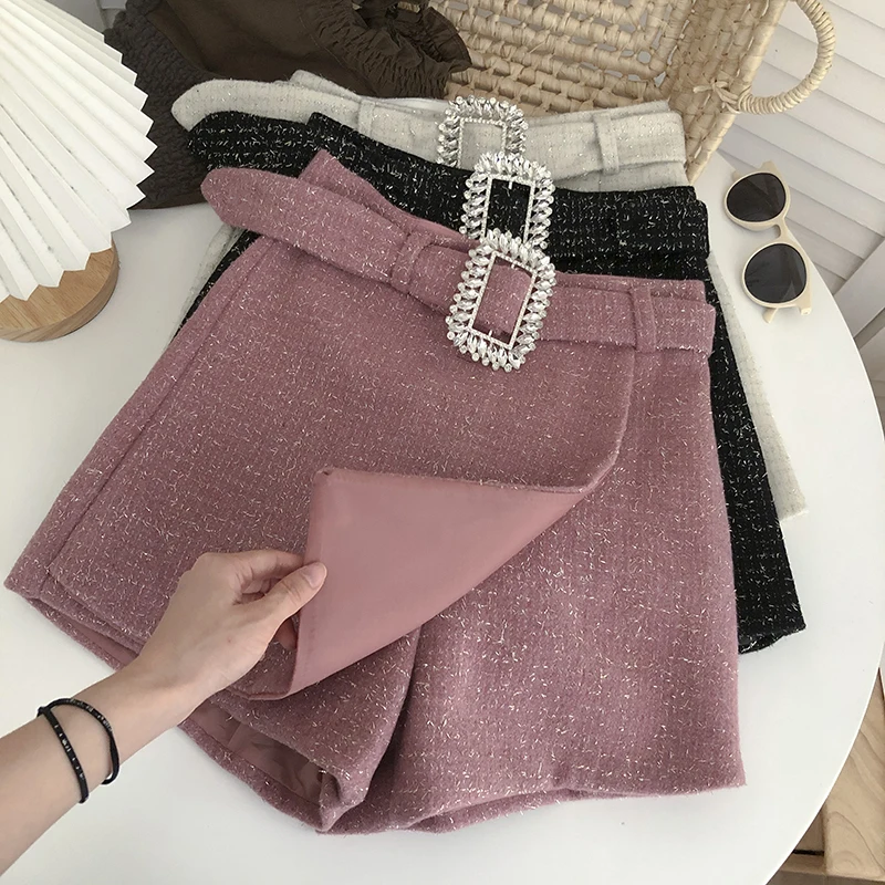 Retro Loose Tweed Shorts for Women Autumn Winter New Irregular High Waisted Bright Silk A-line Wide Leg Short Pants with Belt