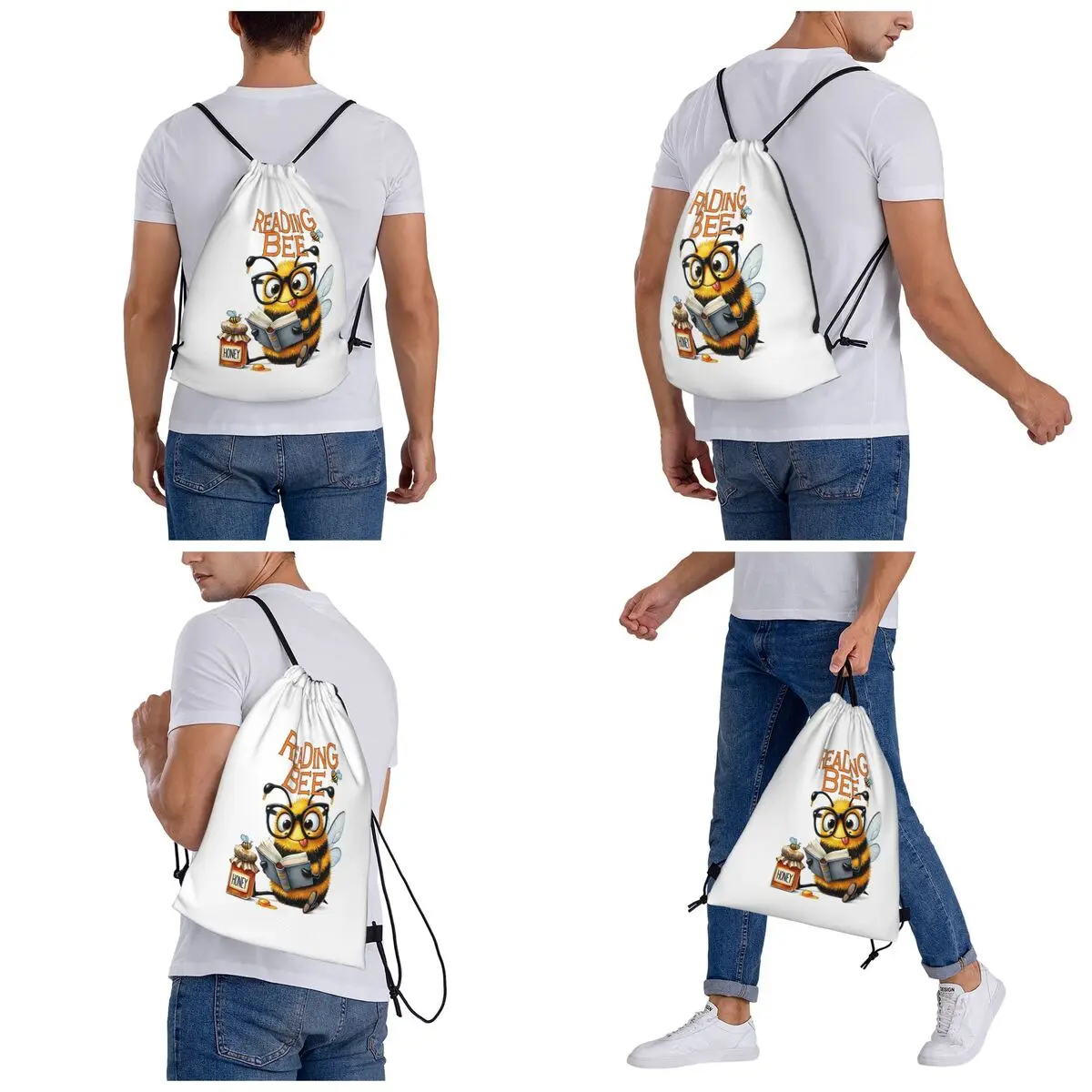 Reading Bee, Fantasy Bee Backpacks Casual Drawstring Bundle Pocket Storage Bag Book Bags for Travel School