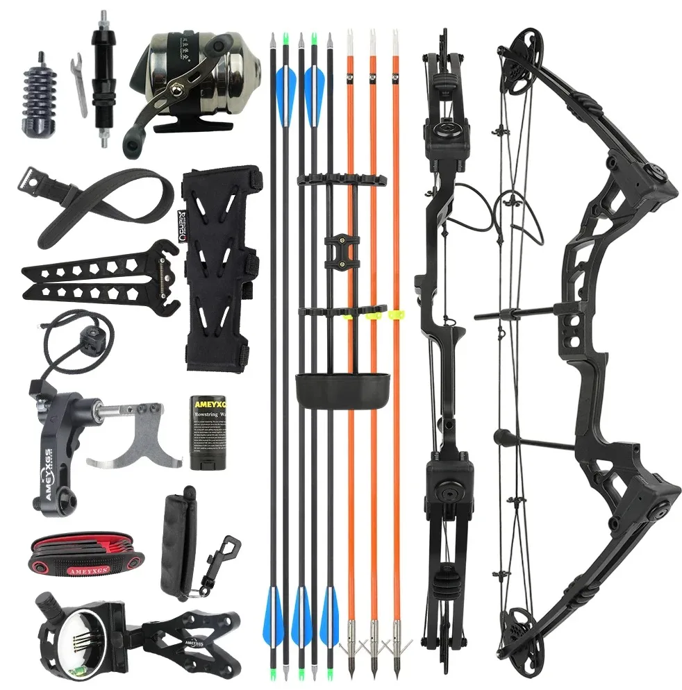 Bowfishing Compound Bow Kit 20‑70lbs Adjustable Draw Weight 320FPS 80% Let‑off RH LH with Bowfishing Reel and Arrows for Outdoor Fishing Hunting Target Practice