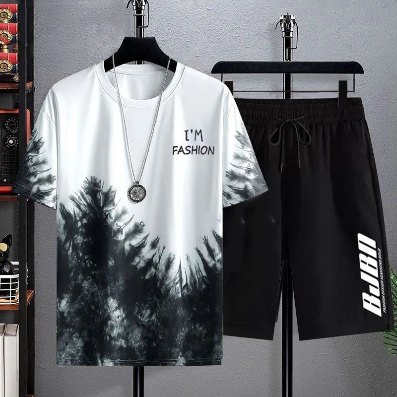 

New Ice Silk Gradient Set Men's Short Sleeve T-Shirt Summer Casual Shorts Sport Two-Piece Set Handsome Men's Wear Quick Dry