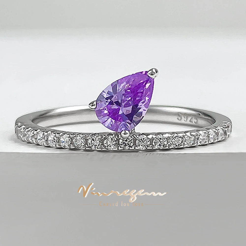 Vinregem 4*6 MM Pear Cut Amethyst High Carbon Diamond Gemstone 100% 925 Sterling Silver Ring for Women Fine Jewelry Wholesale