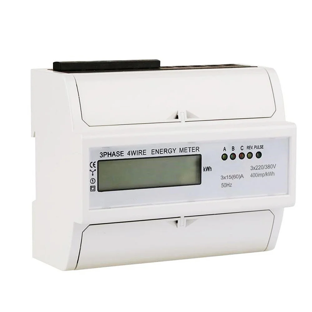 7P Digital Three Phase Four Wire Guide Rail Electronic Electric Energy Meter Household 3X220V/380V LCD Electric Energy Meter