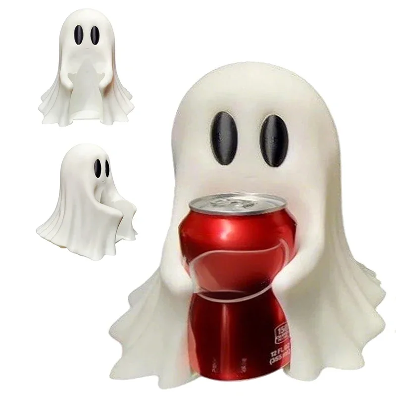 Lindo soporte para bebidas fantasma, soporte para latas de fantasmas espeluznantes de Halloween para latas de refresco, adorno de resina de escritorio para decoración interior del hogar