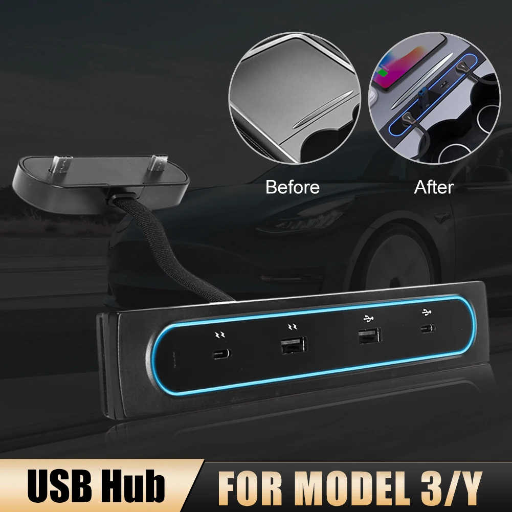 4 In 1 USB Hub Docking Station 27W Fast Charger 4 Ports USB Adapter Charger Powered Splitter Extension for Tesla Model 3 Model Y