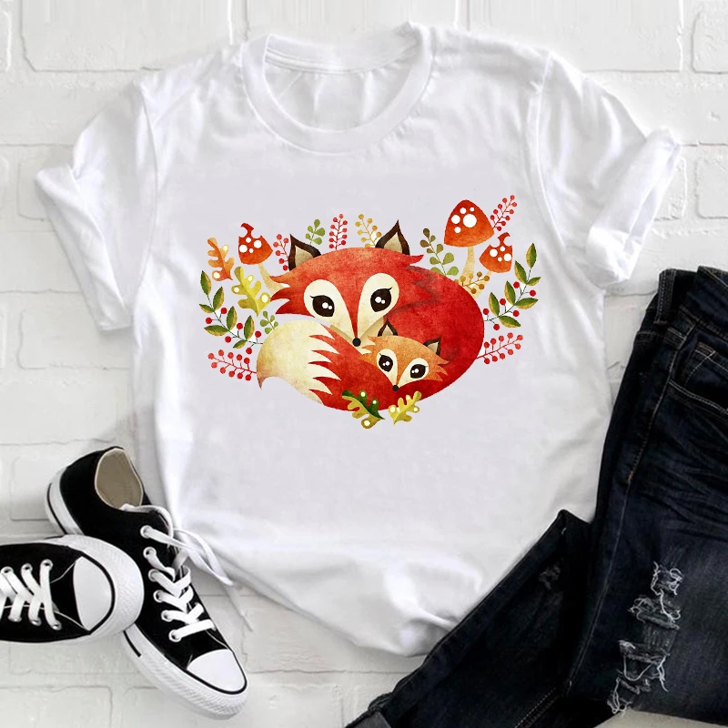 

Women Short Sleeve Floral Flower Trend Fashion Fox Cartoon Animal 90s Pretty Ladies Graphic Print Tee Top Tshirt Nice T-shirt