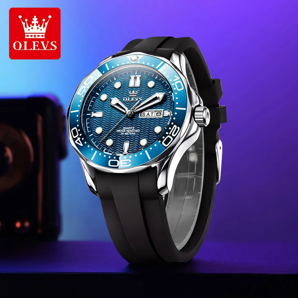 OLEVS 42MM Men Quartz Watch Waterproof Super Luminous Week Date Sports Diving Watches For Man Gift Box Original Brand 3738 Reloj