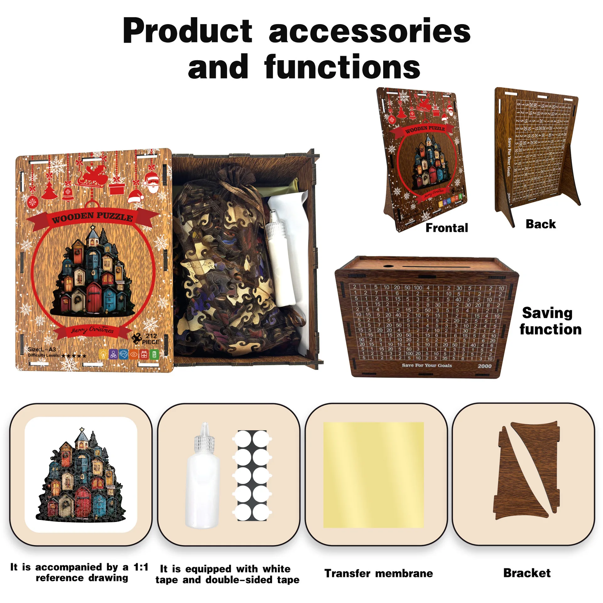212PCS Porta degli elfi di Natale Pezzi di puzzle Puzzle di legno irregolare Gioco antistress Compleanno Natale Salvadanaio Regali