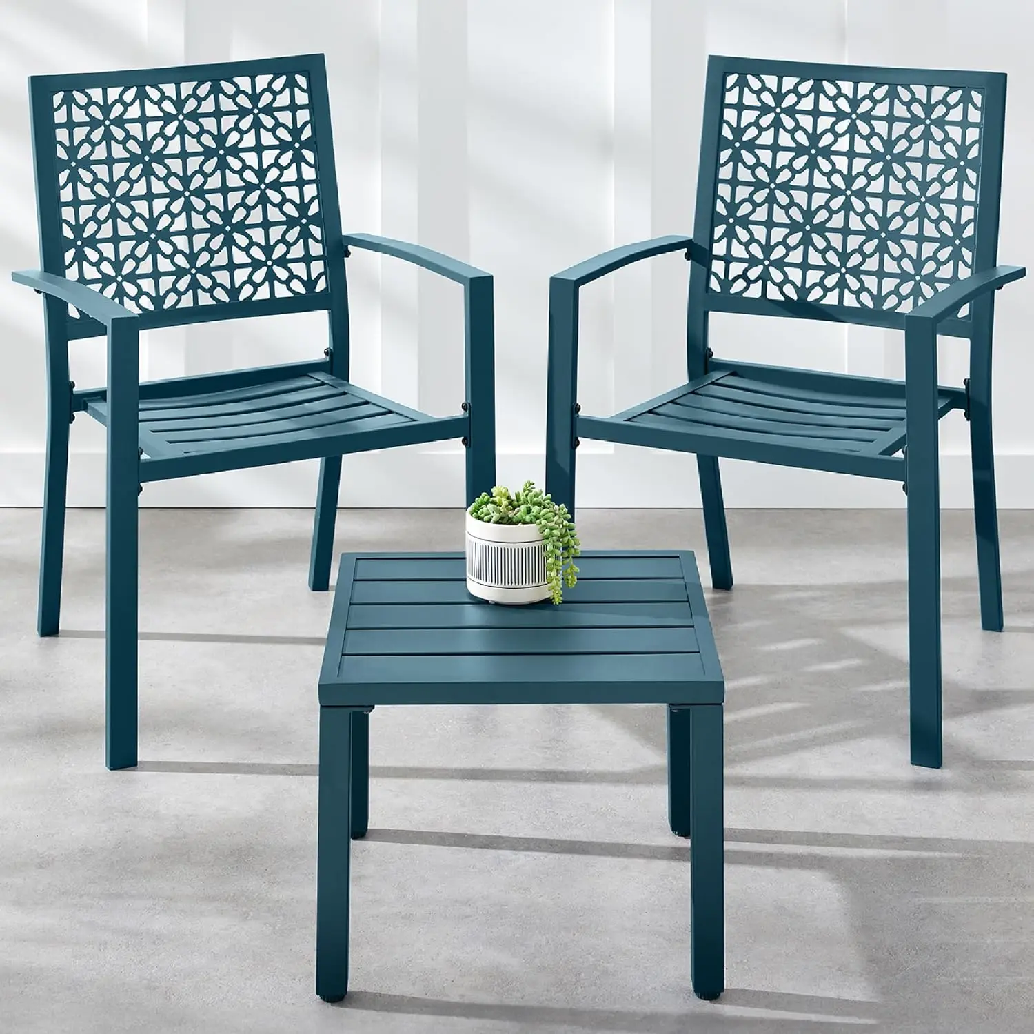 

3-Piece Outdoor Bistro Set, Stackable Modern Steel Furniture for Porch, Garden w/ 2 Chairs, Table, Geometric Decor - Peacock Blu