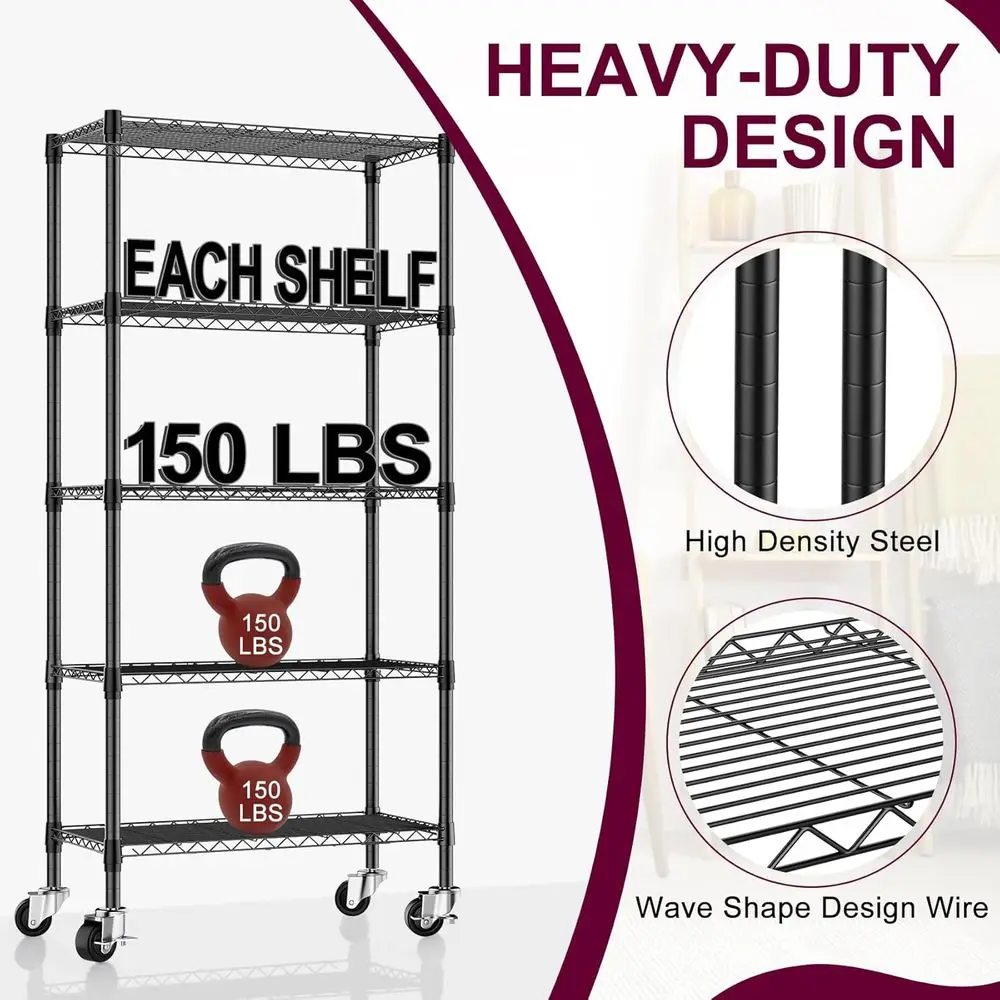5-Shelf Metal Storage Rack with Wheels, 14x30x60, 750 lbs Capacity, Adjustable Wire Shelving for Home & Garage
