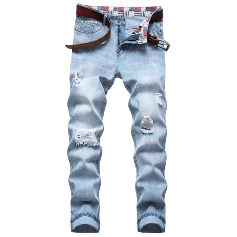 2024 Autumn Men Blue Ripped Jeans Hip Hop Punk Stretch Bike Jeans pantalones hombre Trendy Holes Straight Denim Pants