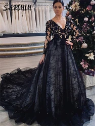 Gothic Black A Line Wedding Dress Plus Long Tulle Bride Dresses For Women Chaple Train Long Illusion Dresses Bridal Gown