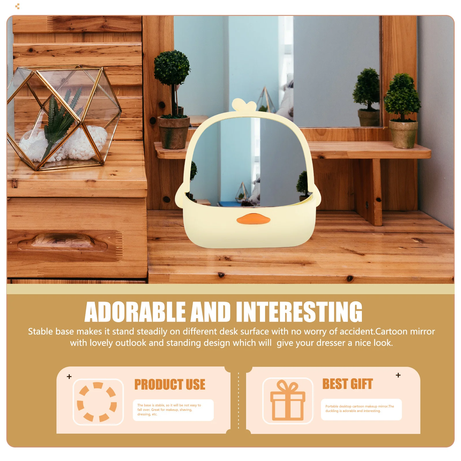 مرآة مكياج كرتونية لسطح المكتب، قاعدة ثابتة، سعة كبيرة للتخزين الأمامي، مرآة مكياج لخزانة غرفة النوم #3