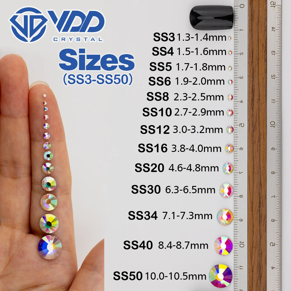 VDD-SS3-SS50 de diamantes de imitación de cristal de alta calidad, superbrillante, termoadhesivo sin pegamento, parte trasera plana, piedras 3D para