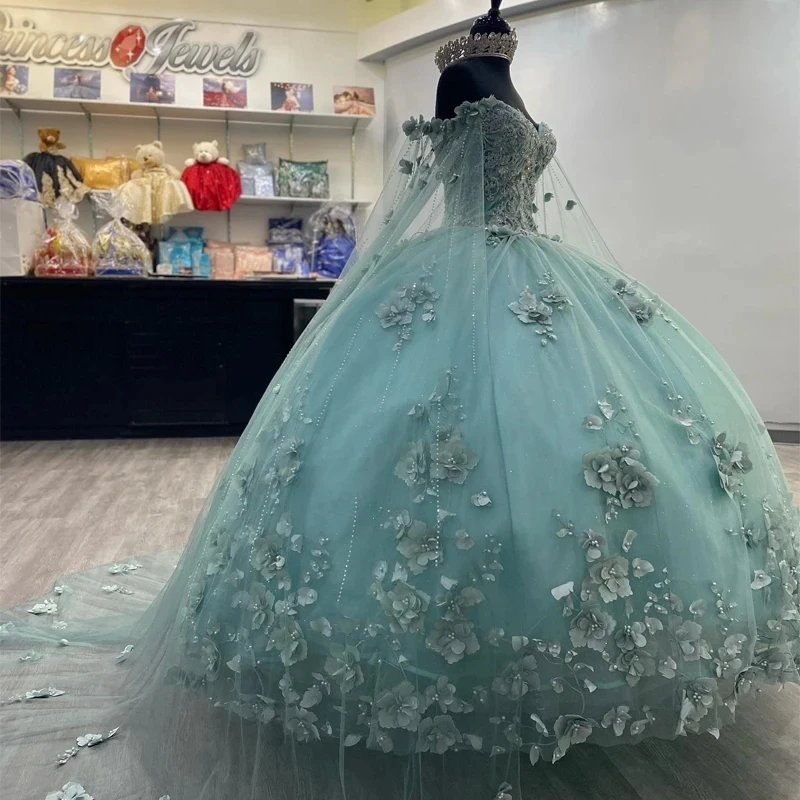 Vestidos de Quinceañera de princesa Verde menta, vestido de baile sin hombros, tul Floral, perlas dulces, 16 vestidos, 15 Años, mexicano