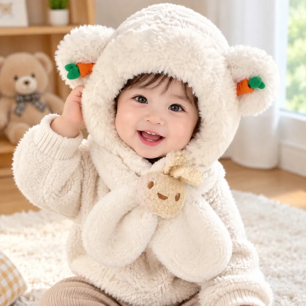 Cute Windproof Hooded Scarf Hat Neck Protection Thick Warm Baby Bear Ear Hat Cartoon Carrot Winter Integrated Hat Unisex