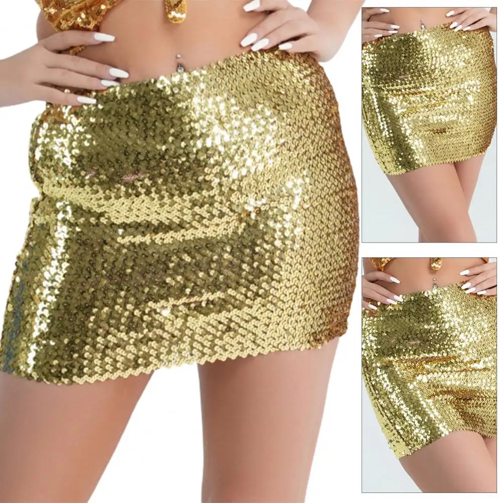 Women Sequin Skirt Sheath Soft Reflective Ultra Short Above Knee Firm Stitching Performance Stage Show Dance Mini Skirt