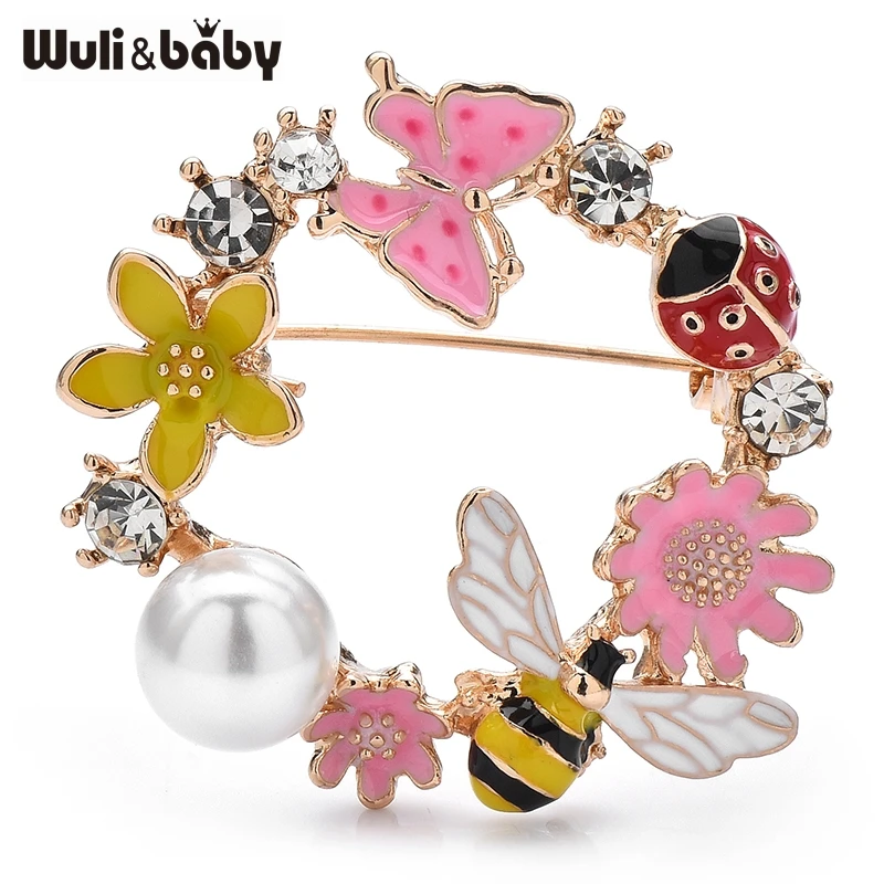 Wuli&baby Lovely Bee Flower Circle Brooches For Women Lady Enamel Pearl French Style Cute Round Party Office Brooch Pins Gifts